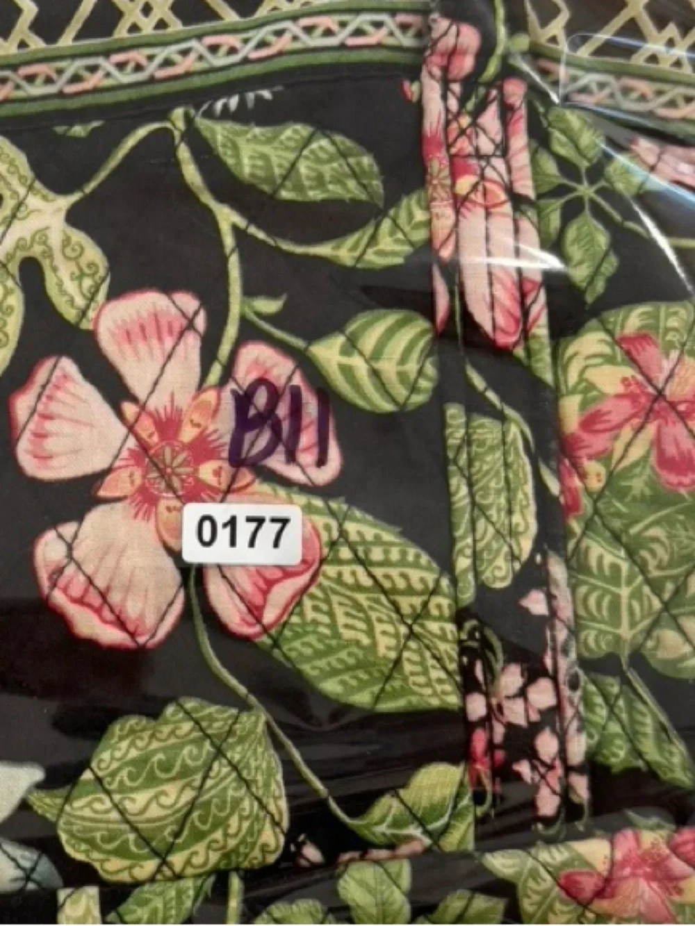 Vera Bradley Black Quilted Shoulder Bag with Pink and Green Floral Print
